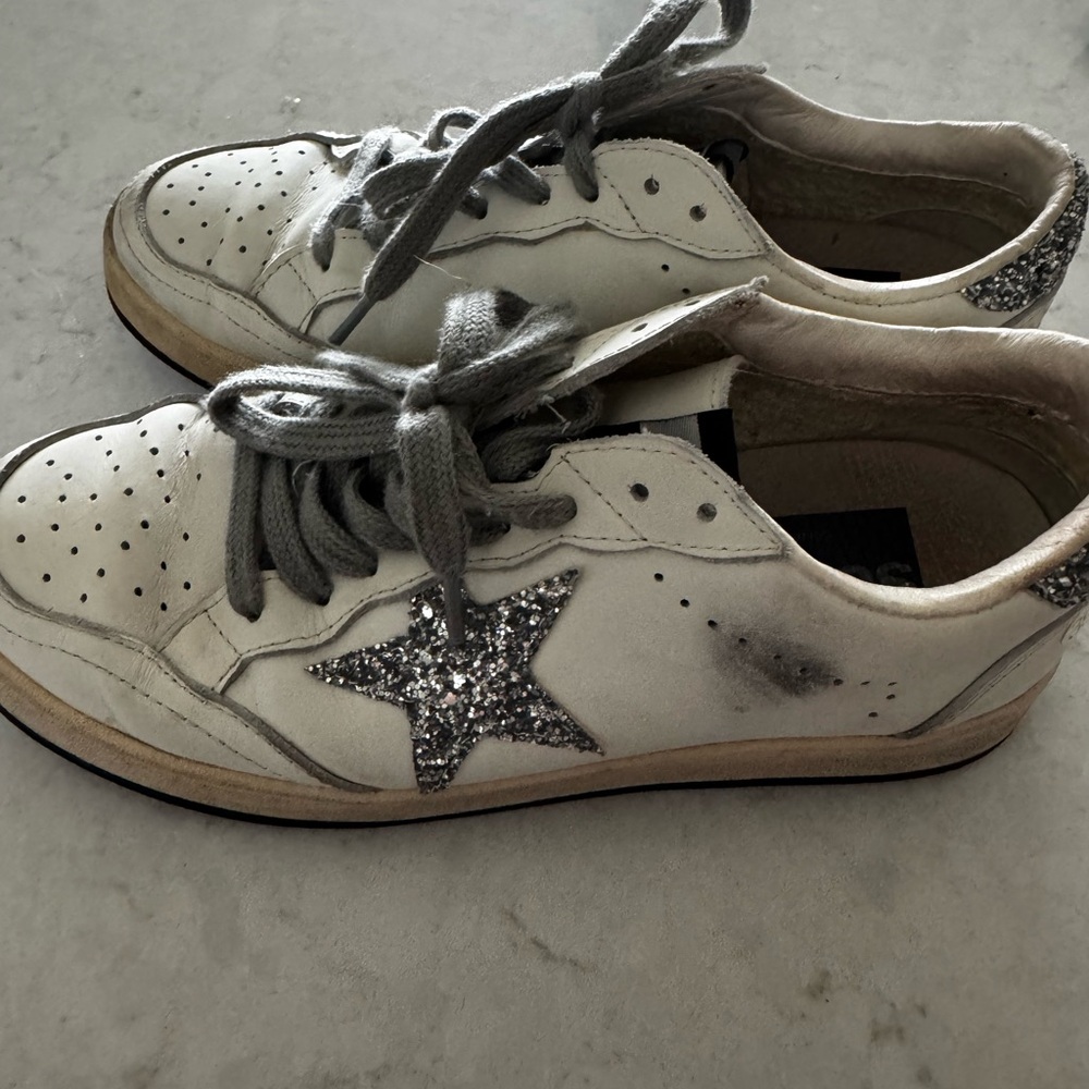 Golden Goose White Sneakers with Silver Glitter Star Accent